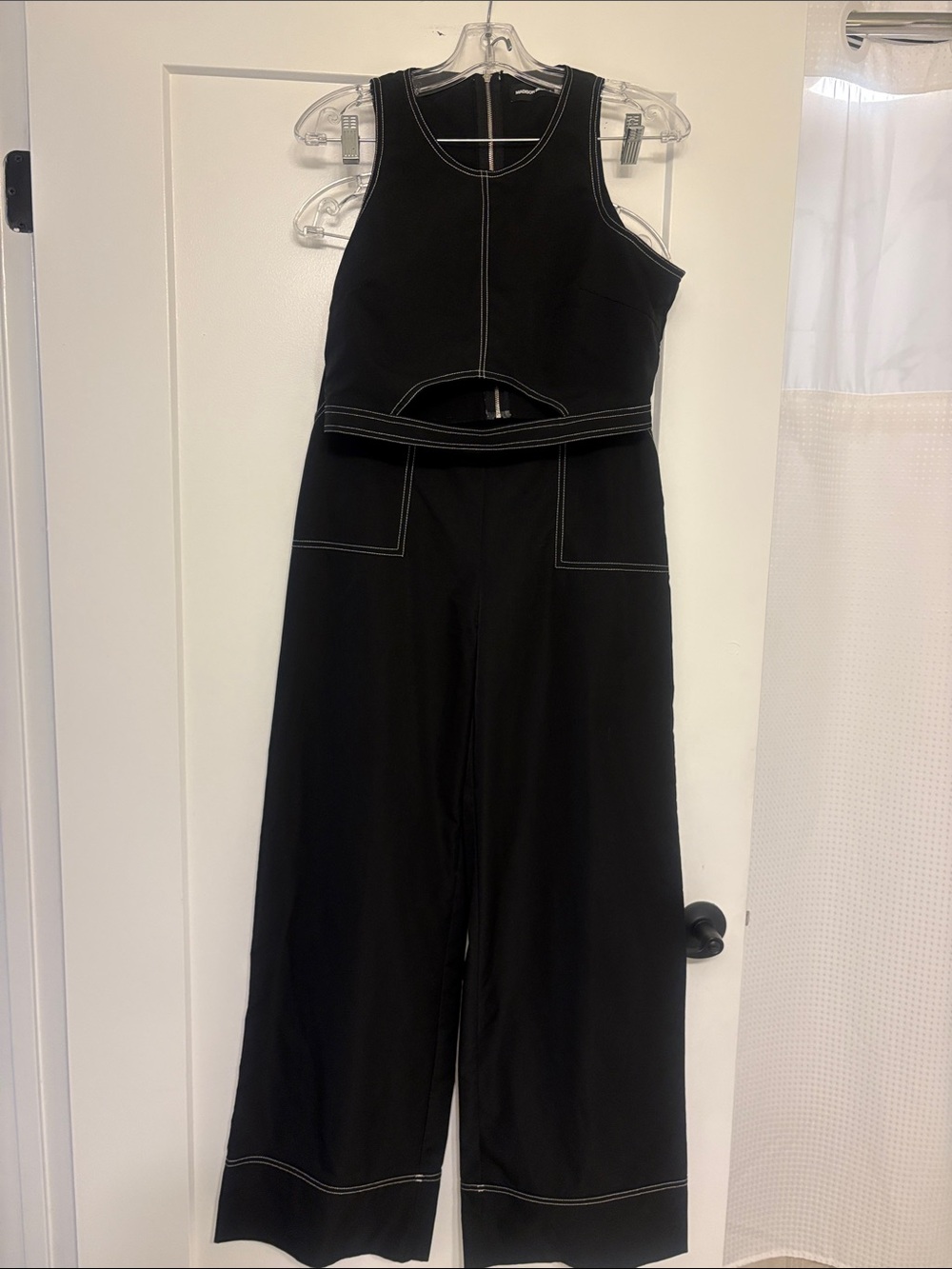 Black With White Topstitching 2 piece set- Sleeveless Top Wide-Leg Pants